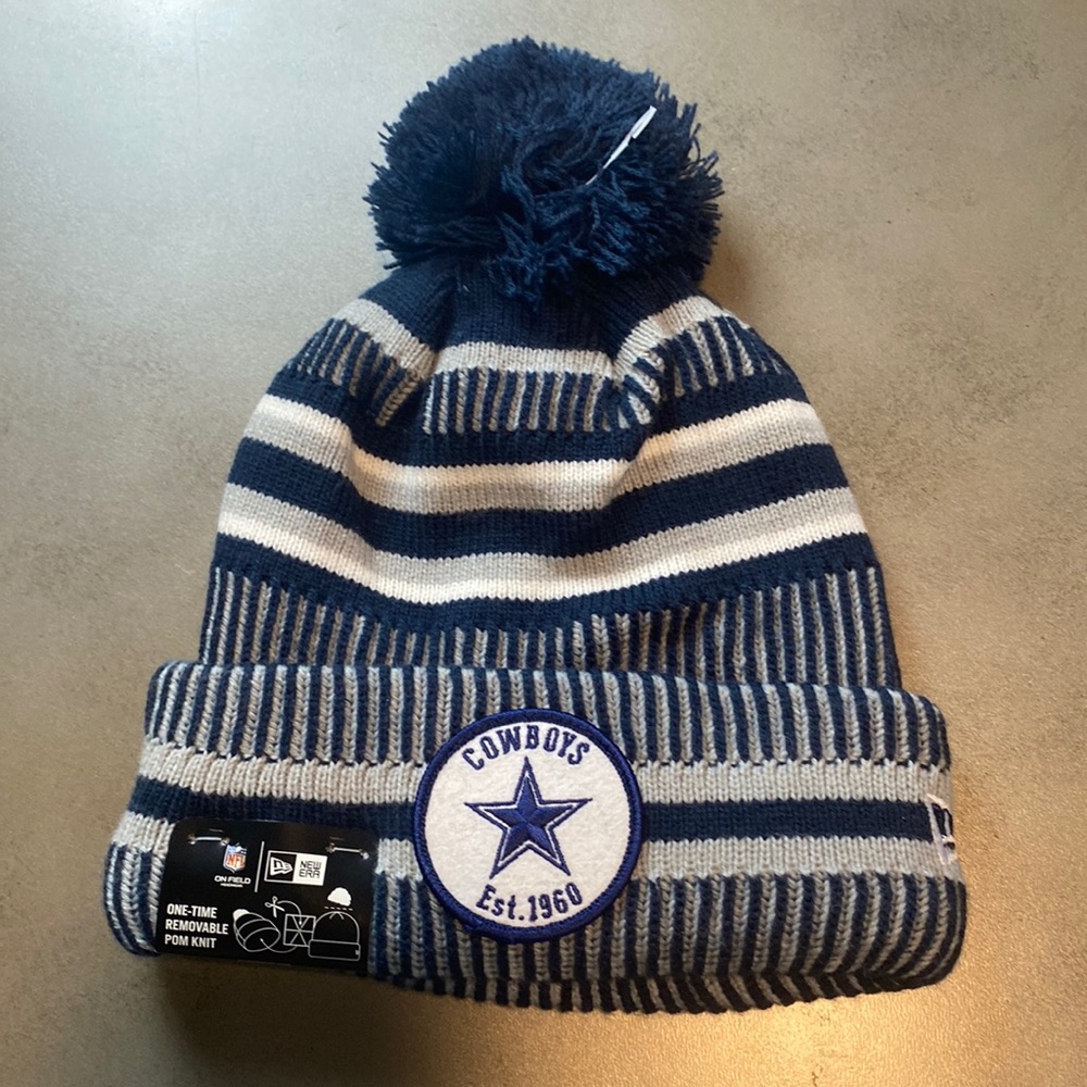 New & Never Worn Blue New Era Dallas Cowboys Beanie w/ White and Silver Stripes